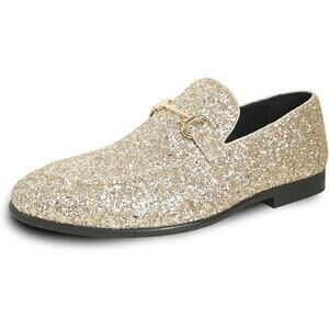 Bravo Mens Size 12 Gold Glitter Slip On Low Heel Formal Prom Loafer Shoes